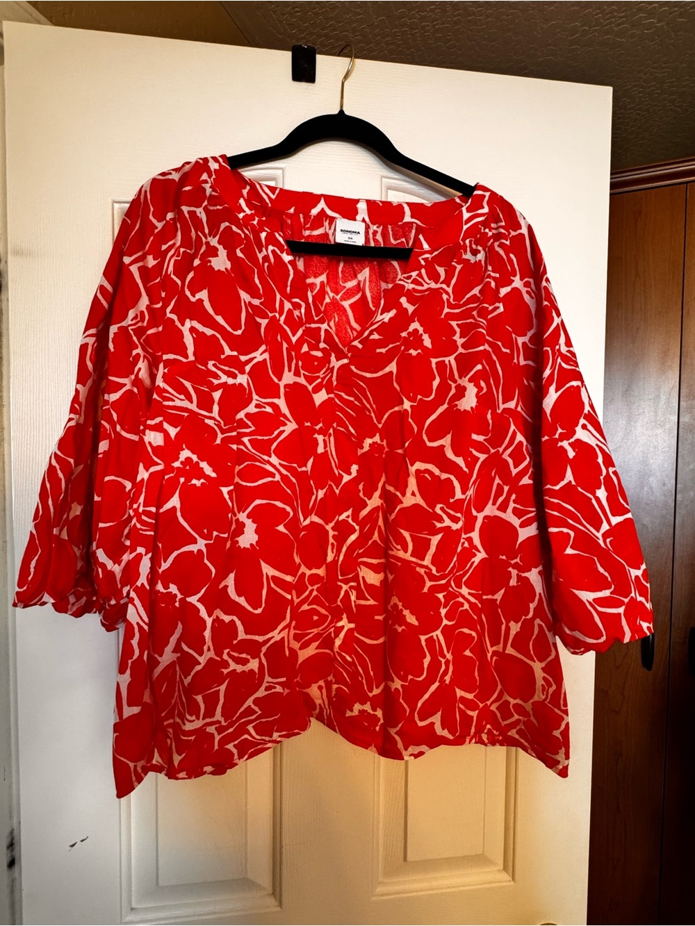 Sonoma Red and Cream Floral V-Neck Blouse
